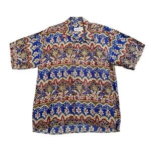 Vintage French Shirt M Nogaret Paris 100% Viscose Blue Print Short Sleeve